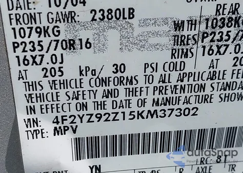 2005 Mazda Tribute I из США, поврежденный, VIN 4F2YZ92Z15KM37302